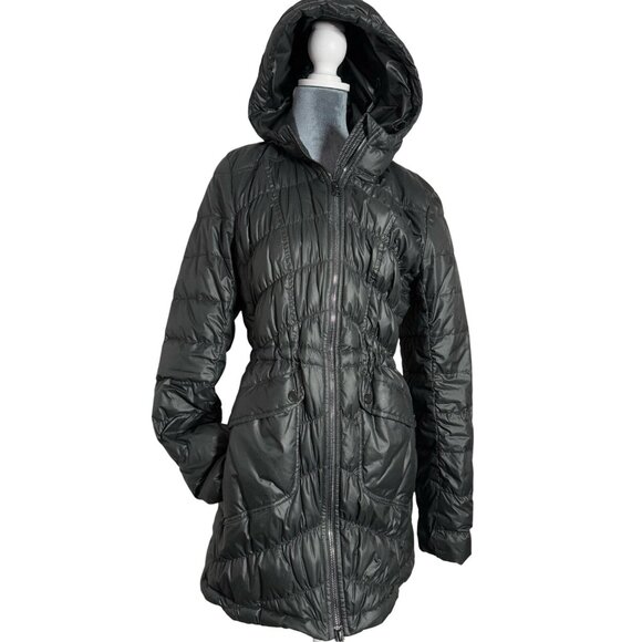 Athleta Women’s Small Black Goose Down 3/4 Length Puffer Quilted Hooded Jacket - Picture 1 of 10